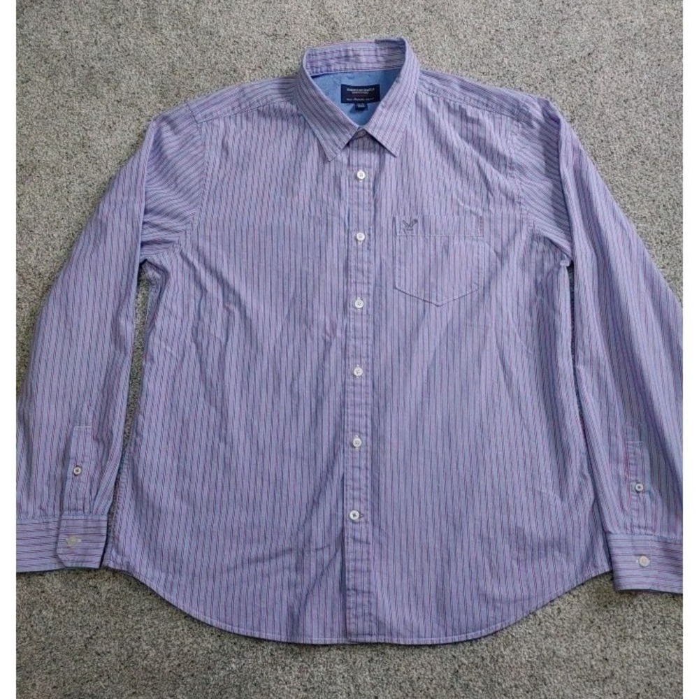 American Eagle men's XL athletic fit blue w/pink stripes Button Up cotton‎ Logo